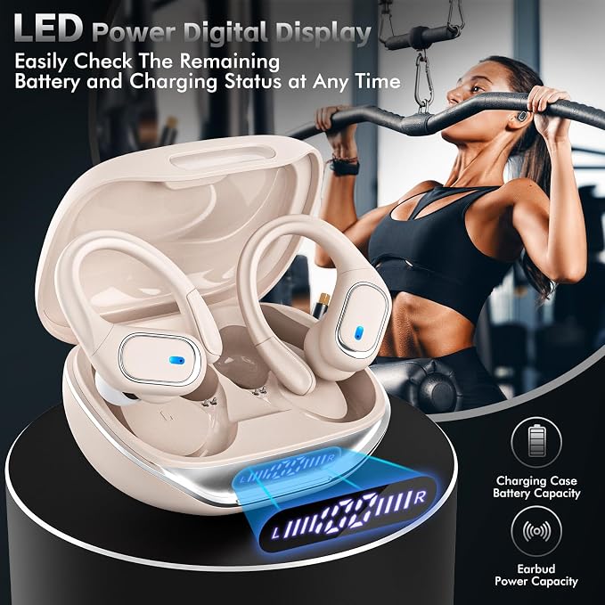 HAOYUYAN Wireless Earbuds, Sports Bluetooth Headphones, 80Hrs Playtime Ear Buds with LED Power Display, Noise Canceling Headset, IPX7 Waterproof Earphones for Workout/Running(Oatmeal White)