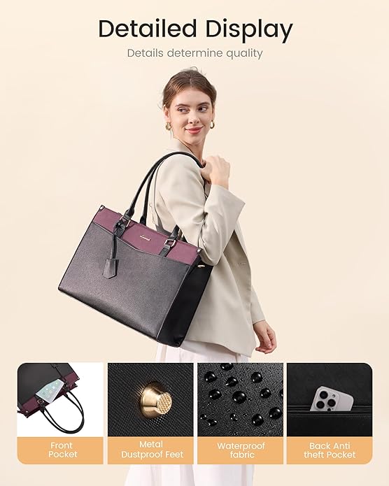 LOVEVOOK Laptop Bag for Women, 2-in-1 Tote Purse with Clutch & Cup Holder, Waterproof Briefcase for Work Travel