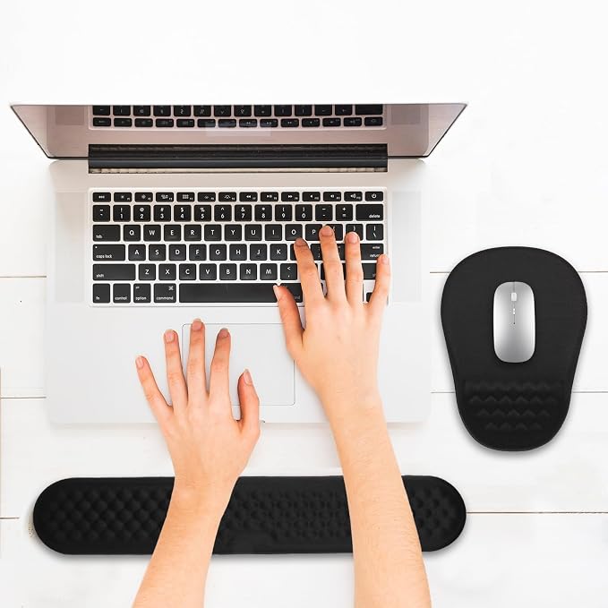 Ergonomic Mouse Pad and Keyboard Wrist Rest with Massage Design, Space-Saving Mouse Pad Wrist Support, Memory Foam Wrist Rest with Non-Slip PU Base for Computer Desk, Black