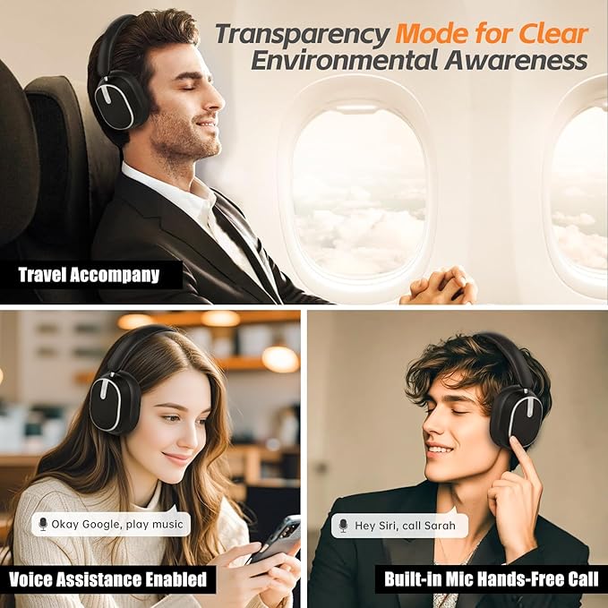 Hybrid ANC Wireless Headphones – Bluetooth 6.0, 60H Playtime, Hi-Res Audio, Deep Bass, Memory Foam, Black