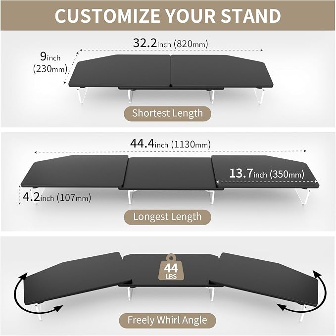 AFOOYO LED Dual Monitor Stand Riser for 2 Monitors,Office Desktop Wooden Stand Adjustable Length and Angle 3 Shelf,Extra Long Multifunctional Stand up to 44.4" for Computer,Laptop,TV,Black