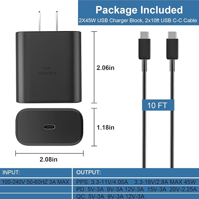 45W USB-C Super Fast Charger Type C Android Phone Charging Block with 10FT Cable for Samsung Galaxy S26 S25 S24 S23 Ultra/S26 S25 S24 S23 S22 S21 S20/Note 10/20, Galaxy Tab S8