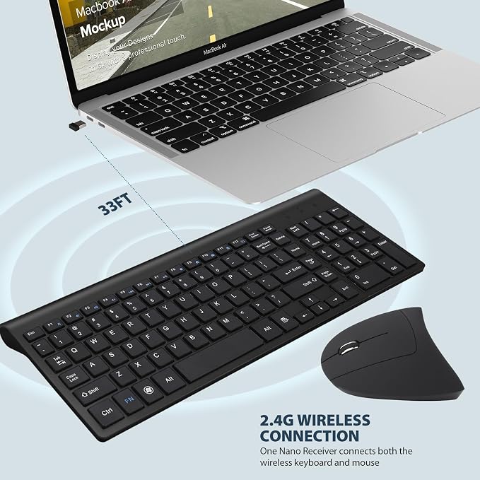 Fonicer Left Handed 2.4GHz Wireless Vertical Ergonomic Mouse and Keyboard Combo Ultra-Thin Portable Size for PC Desktop Computer Laptop Mac Tablet, Black