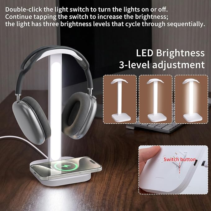 3 in 1 Gaming Headphone Stand with Wireless Charger, Desktop Headset Holder Hanger Rack, Wireless Charging Station Compatible for iPhone Series, PS5, Xbox, PC Gaming Desk Accessories, White