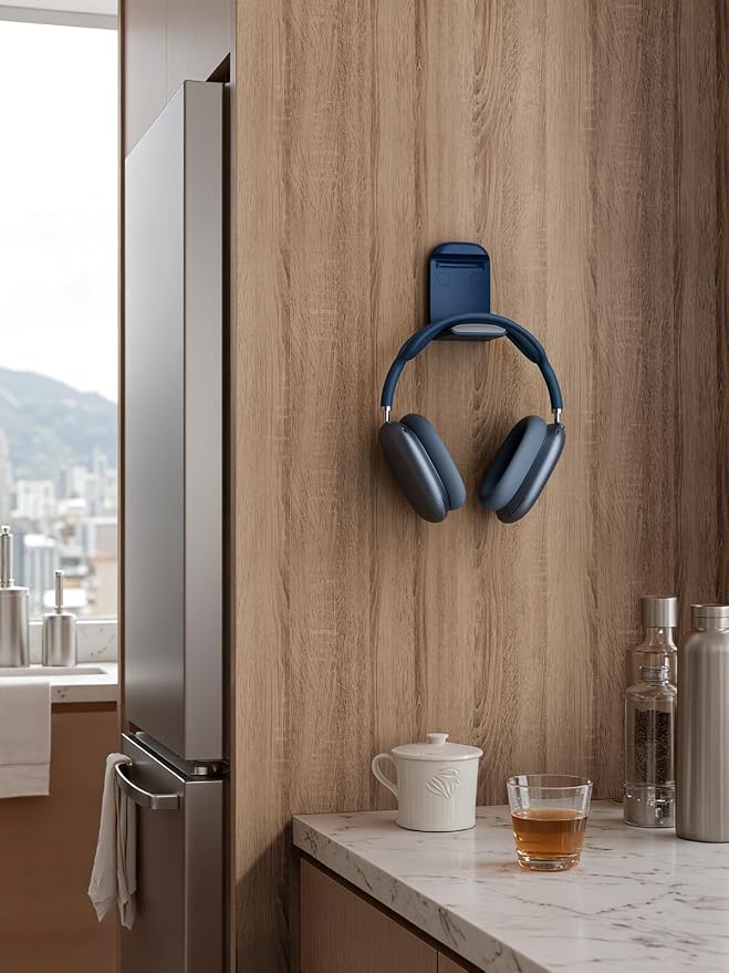 MAMUVIMO Headphone Stand, Headset Stand Foldable & Sticky, Headphone Holder Hook Mount with Non-Slip Silicone, Adhesive Earphone Desk Hanger Clip Space-Saving for Airpods Max, All Earphones- Blue