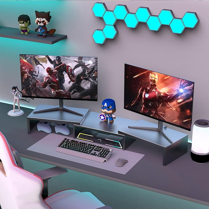 Dual Monitor Stand for Desk, Metal Computer Stand, Desk Shelf Riser,Desktop Organizer for Home and Office Use (Black)