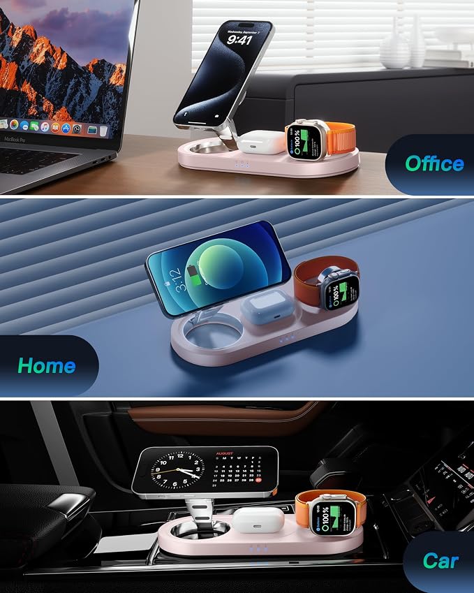 Upgraded 3 in 1 Wireless Charging Station for Apple Devices, Faster Mag-Safe Charger Stand, Magnetic Charger Station for iPhone 17/16/15/14/13/12 Series & AirPods Pro & Apple Watch Series (Pink)