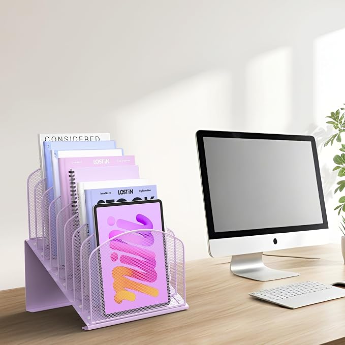 Inclined Desk File Organizer Metal Desk Magazine Folder Holder with 8-Section Vertical Compartments Rack File Organizer for Office, Home, School, Purple