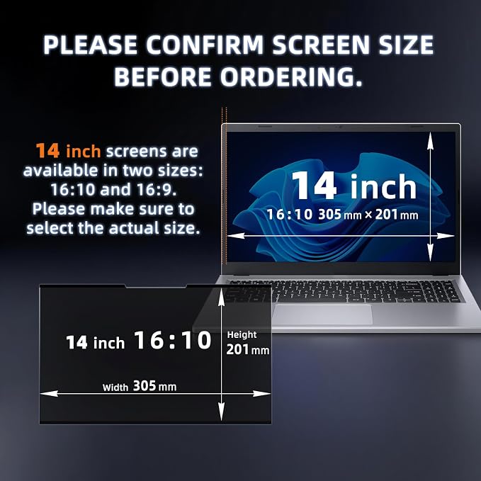 Nano-Adsorption Laptop Privacy Screen 14 inch 16:10, Removable Laptop Privacy Screen Protector, Anti Glare Blue Light Touchscreen compatible, Computer Private Filter