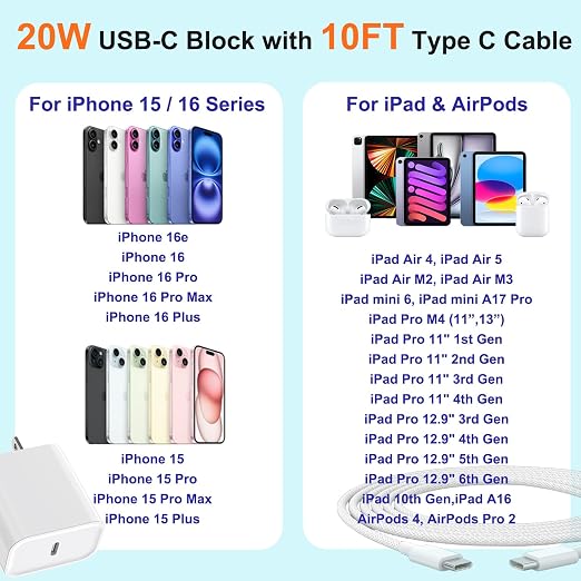 10FT iPhone 16 15 Charger Fast Charging,2Pack 20W Type C Chargers USB C Block 10Foot USB C to USB C Woven Cable, Apple i Phone 16 Charger for iPhone 16/16 Plus/16 Pro/16 Pro Max/iPhone 15 Pro Max/iPad