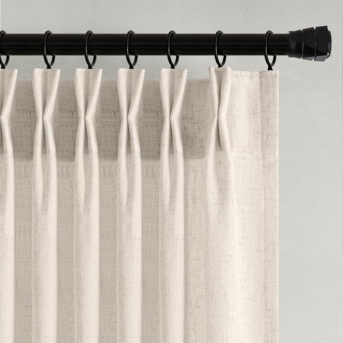 Memory Trained Pinch Pleated Curtains 84 Inches Long, Viral Linen Pinch Pleat Sheer Curtains with Ring Hooks&Clips for Track System Living Room, Warm Beige Light Filtering Privacy Curtain 2 Panel Set
