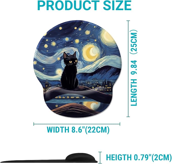Hancynir Black Cat Ergonomic Mouse Pad Wrist Support, Starry Night Gel Mouse Pads with Wrist Rest, Cute Computer Mousepad for Desk with Non-Slip PU Base, Comfortable Mouse Pad Office Desk Accessories