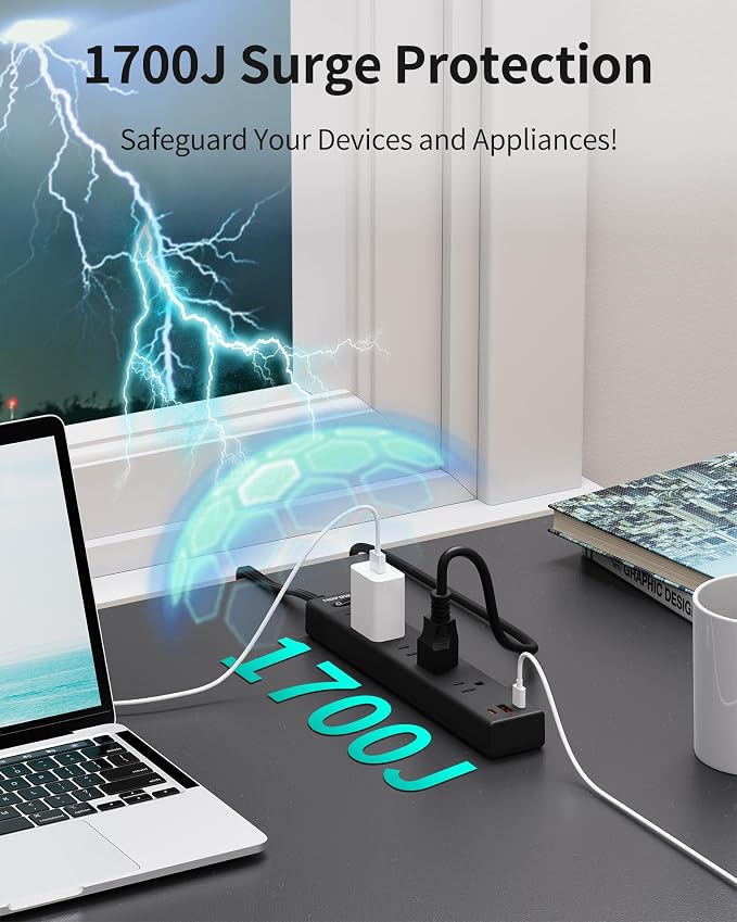 HOPOW Flat Plug Power Strip, 3 Ft Ultra Thin Extension Cord, Surge Protector with 5 Outlets & 3 USB Ports (2 USB C), 1700 Joules, Wall Mount, Desktop Charging Station for Home Office Dorm, Black