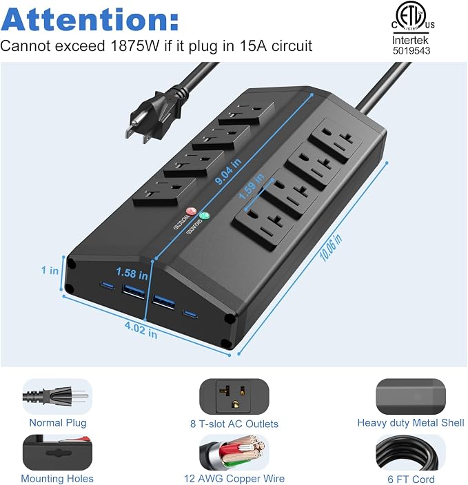 JUNNUJ Heavy Duty Power Strip with 8 Outlets and 4 USB Ports, Metal Wall Mount Surge Protector with 20 Amp 12 Gauge 4 FT Extension Cord for Garage, Industrial, Shop, ETL Listed