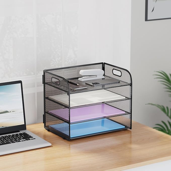 Marbrasse 2 Pack 4 Tier Paper Organizer Letter Tray - Mesh Desk File Organizer with Handle, Paper Sorter Organizer for Letter/A4 Office File Folder Holder (Black, 12.6" x 9.1" x 10.7")