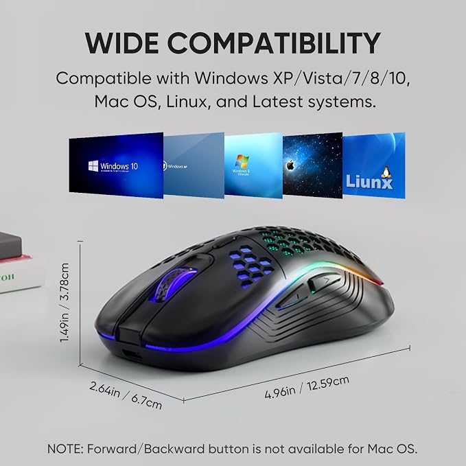 MELOGAGA Wireless Gaming Mouse Honeycomb 2.4G USB Cordless Mouse RGB Rechargeable PC Game Mice with 7-Color LED Lights,4 Adjustable DPI for Windows Laptop Desktop Computers (Black)