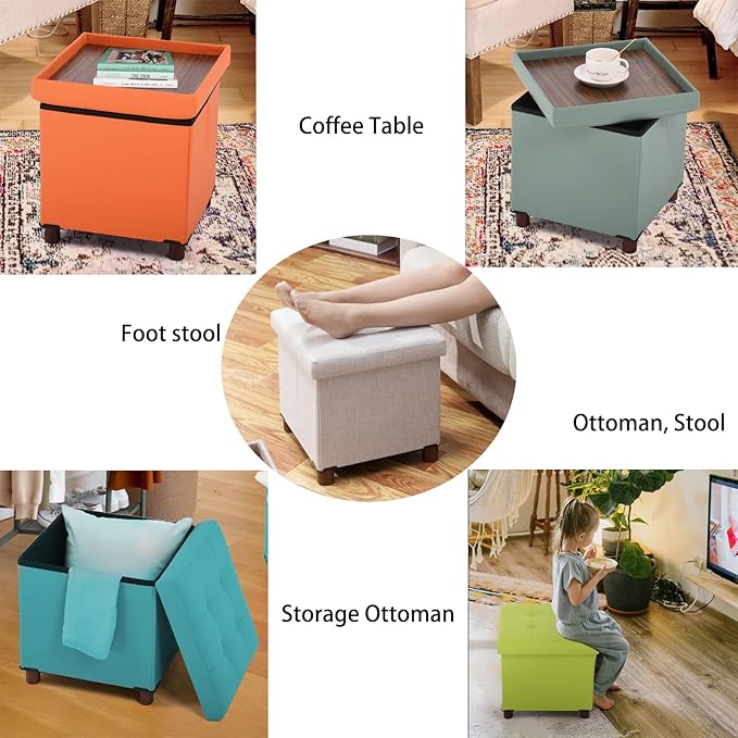 Dorriss Storage Ottoman for Living Room,Square Ottoman with Tray Bedroom Cube Foot Rest Stool with Legs Ottomans Coffee Table Lid Foldable Footstool Faxu Leather 15" Inch(Black)