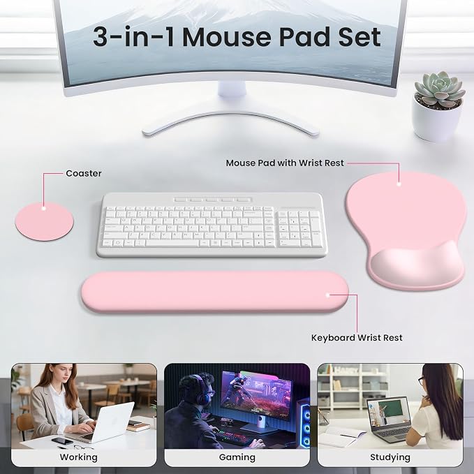 AKIT Ergonomic Mouse Pad and Keyboard Wrist Rest, 3-in-1 Memory Foam Wrist Rest for Computer Keyboard, Non-Slip Base, Pain Relief, Gel Mousepad Set for Gaming, Home and Office, Pink