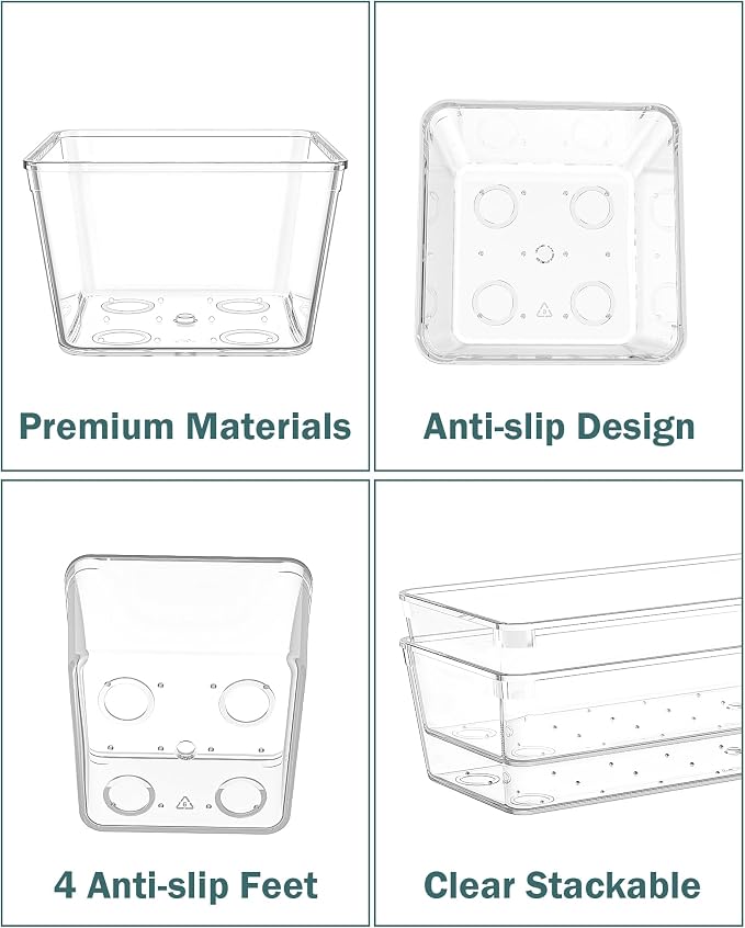 30Pcs Clear Plastic Drawer Organizers Set, 4size makeup drawer organizer trays for vanity,desk,bathroom,office,nightstand,gadgets for kitchen drawer, Versatile drawer divider storage bins