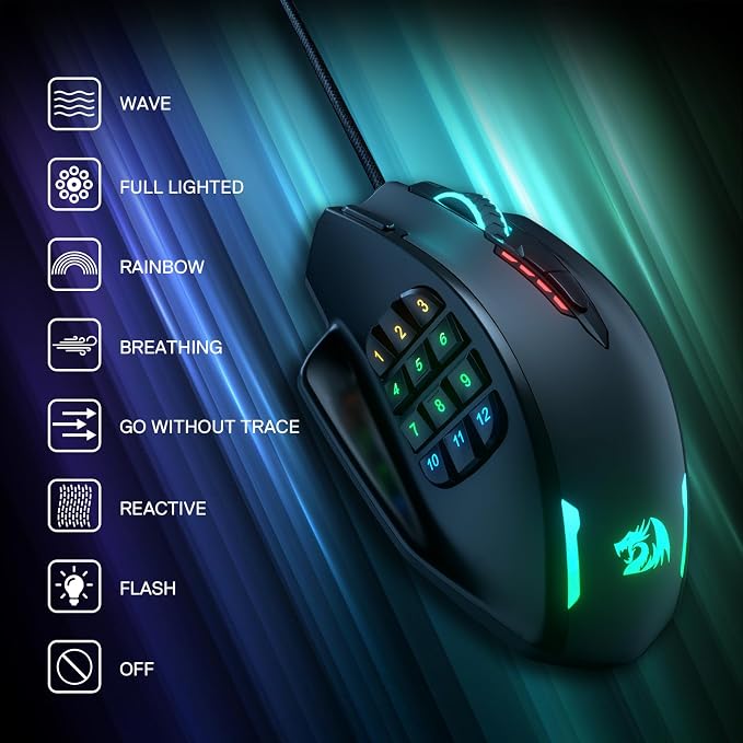 Redragon M908 Impact RGB LED MMO Gaming Mouse with 12 Side Buttons, Optical Wired Ergonomic Mouse with Max 12,400DPI, High Precision, 18 Programmable Macro Shortcuts, Comfort Grip