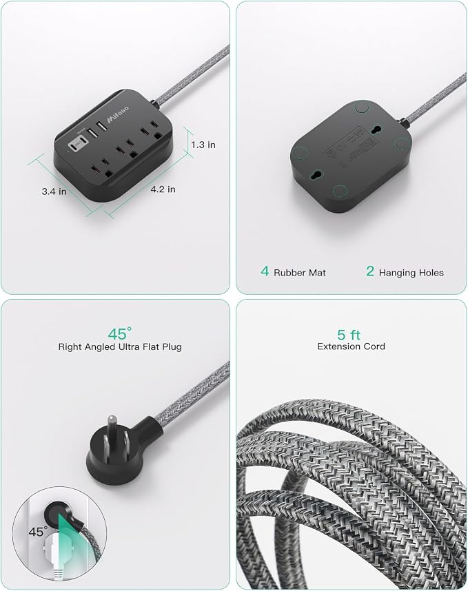 Travel Essentials - Mifaso Power Strip with USB, Compact Flat Plug Extension Cord 5ft with 3 Outlets 4 USB Ports, Non Surge Cruise Must Haves, Cruise Ship Essentials, Dorm Room, Apartment Essentials