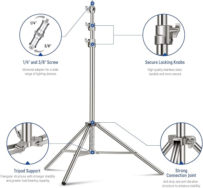 NEEWER 7.2ft/2.2m Stainless Steel Light Stand, Spring Cushioned Heavy Duty Photography Tripod Stand with 1/4” to 3/8” Screw Adapter for Strobe,LED Video Light,Ring Light, Monolight, Softbox