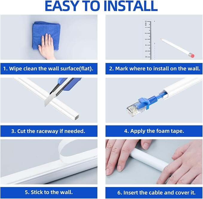 Delamu 128in Cord Hider for 1 Cord, Self-Adhesive Cord Covers for Wires on Wall, Easier Install Wire Covers for Cords on Wall, Cable Wire Hider, Cable Cover Management Raceway, W0.48 H0.3in, White