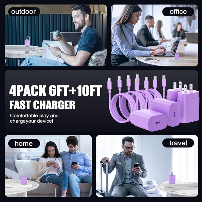 Essri Type C Charger Fast Charging for Samsung Galaxy S25/S24/S23/S22/Note 20,4Pack 25W Super USB C Fast Charger Block with (6ft+10ft) x2 Cables for iPhone 15/16 Pro Max/Plus, Android Phones-Purple
