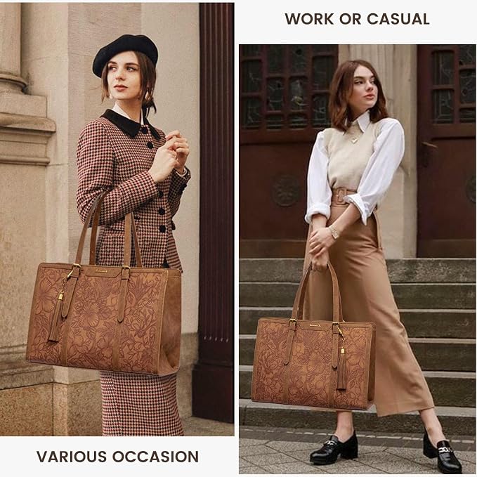 LOVEVOOK Laptop Bag for Women, Vintage Leather 15.6 Inch Work Tote with Large Cup Holder, Teacher Professional Computer Bag with Clutch Purse and Tassel for Office Business