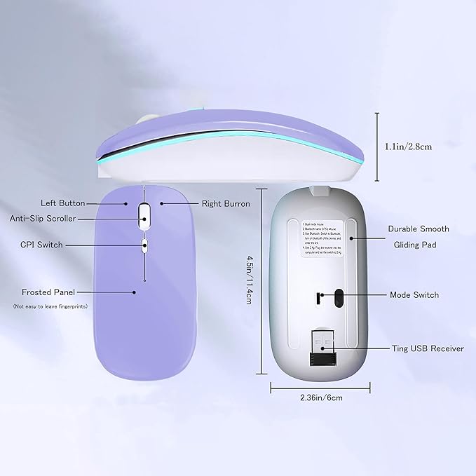 WREANU Wireless Bluetooth Mouse Rechargeable Laptop Mice with LED Lights Silent Slim Use(BT5.2 and 2.4G Portable USB Receiver)Dual Mode Computer Mouse for Laptop/iPad/Tablet/Apple/Computer/Mac(Purple)