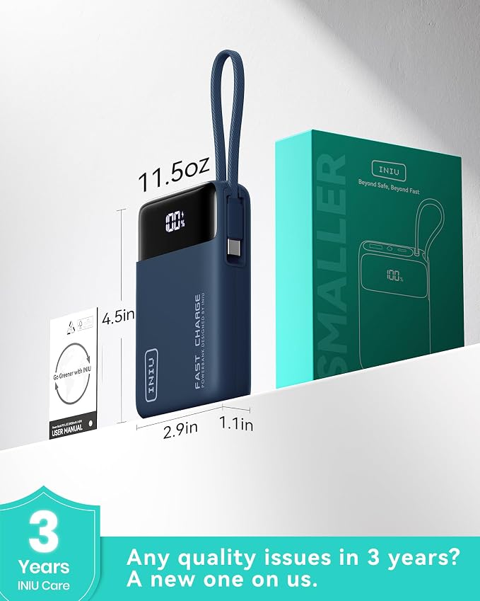INIU 20000mAh Power Bank, Small 45W PD Fast Charging Portable Charger with Built-in USB C Cable, Flight-Safe Travel External Phone Battery Pack for iPhone 17 Pro Max Samsung S26 iPad etc, Blue