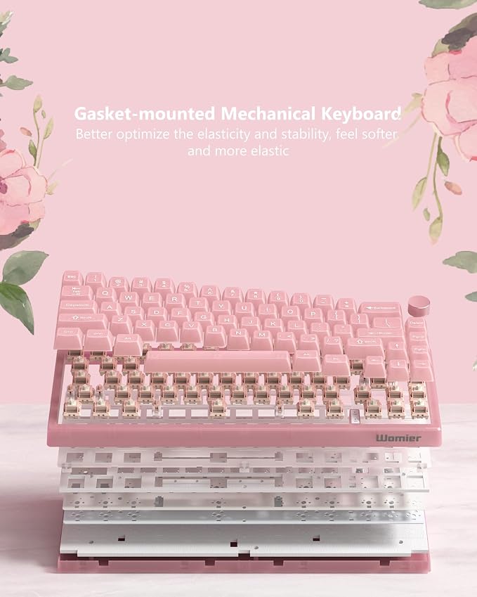 Womier 60% Keyboard QMK/VIA, Pink Gaming Mechanical Keyboard Creamy, Hot Swappable Gasket Mount RGB Wired Jade Key Board & Jelly Translucent Keycaps(VK66 PRO- Jelly)