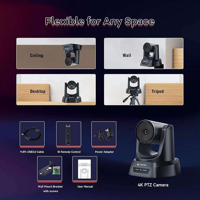 TONGVEO PTZ Camera 4K UHD AI Auto Tracking 3X Optical Zoom HDMI/USB3.0 Video Conference Camera for Church Worship Live Streaming Meeting Online Learn with Zoom YouTube OBS and More