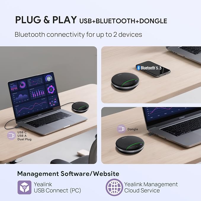 Yealink SP92 Bluetooth Speakerphone with Dongle Conference Speaker and Microphone Full-Duplex Noise Reduction 20h Teams Call 278g Wireless Portable Design Suitable for 4-6 Meeting Room