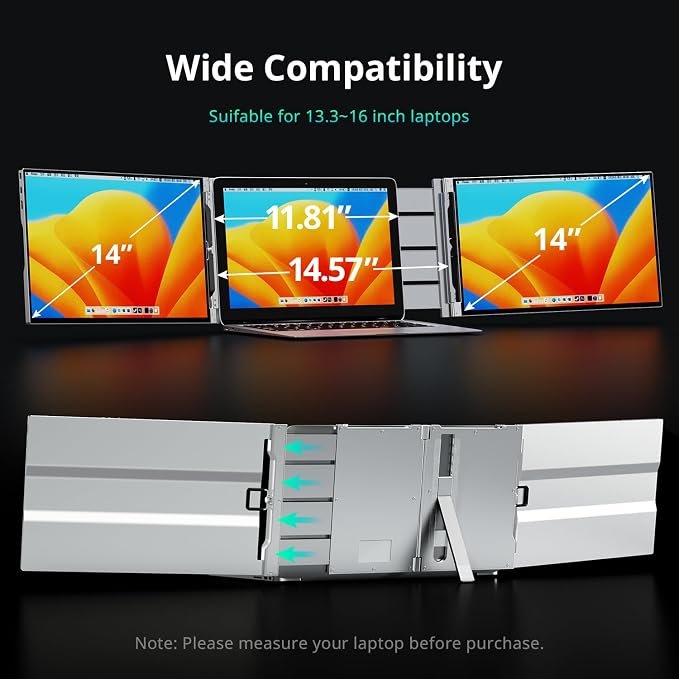 AYY Laptop Screen Extender, 14" FHD 1200P Portable Triple Monitor for 13"-17" Laptops, Aluminum Alloy Stand, Compatible with MacOS/Windows/Chrome