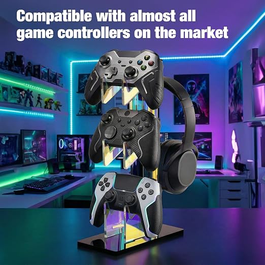 NiHome Iridescent Acrylic Multi-Tier Universal Game Controller Headset Holder Stand for PS5 Xbox ONE Switch Colorful Controller Stand Gaming Accessories Anti-Slip Stable Headphone Holder (3-Tier)