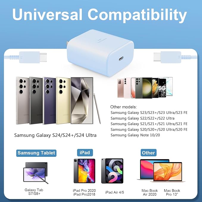 45W Super Fast Charger USB C Android Phone Type C Charger Fast Charging Block with 10FT Cord for Samsung Galaxy S26/S26 Ultra/S26+/S25 Ultra/S25/S24 Ultra/S24/S23 Ultra/S22/S21/S20/Note 10, Blue
