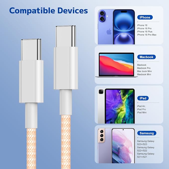 Long USB C to C Fast Charger Cable 10ft,60W Type C to C Fast Charging Cord for Apple iPhone 16 Pro Max/16/15 Plus/15/MacBook Pro 2021/2020/2019/2018,iPad 12.9/11 inch/Mini/Air 5/Samsung Galaxy Orange
