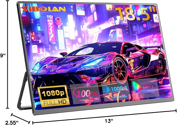 Portable Monitor 18.5'' 1080P 100Hz 100% sRGB, Aluminum Alloy Shell, IPS Travel Monitor with USB-C HDMI Large Portable Screen for Laptop MacBook PC PS4/5 Gaming Monitor with Kickstand