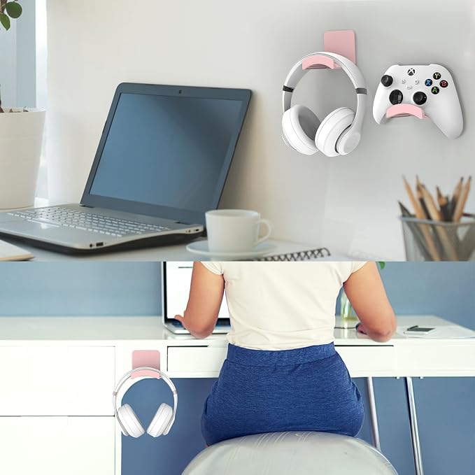 HomeMount Headphone Stand Headset Holder - Adhesive Gaming Headphone Hanger Hook Desk Mount for Most Headphone & Controller (Pink 2Pack)