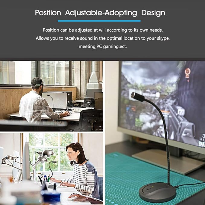 USB Microphone, 360 Degree Adjustable Gooseneck Design, Mute Button & LED Indicator, Noise-Canceling Technology, Plug & Play, Compatible with Windows & MacOS