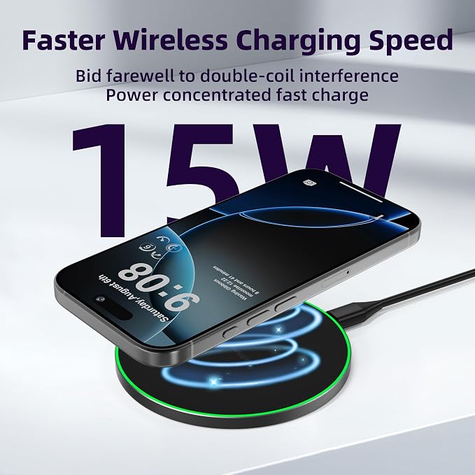 Wireless Charger Compatible with iPhone 16 15 14 13 12 11 Pro Max/Mini/Plus/XR/X/8, 15W Max Fast Wireless Charging Pad Mat for Samsung Galaxy S23/S22/S21/S20/S10, Galaxy Buds