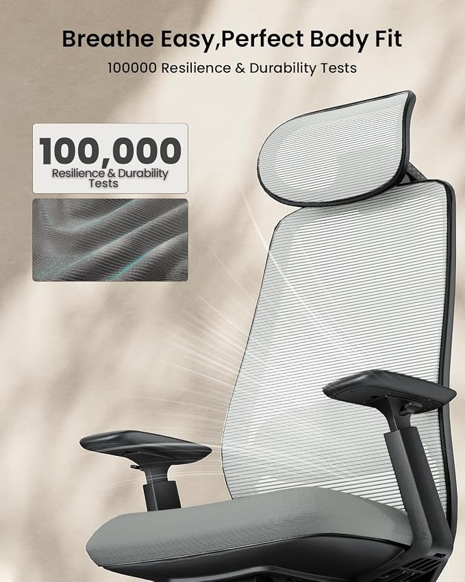 ProtoArc EC200 Ergonomic Office Chair – High-Back Mesh Computer Chair with Lumbar Support, Adjustable Seat Depth & 3D Headrest Ergo Desk Chairs for Work from Home, 8+ Hours Comfort – Light Grey