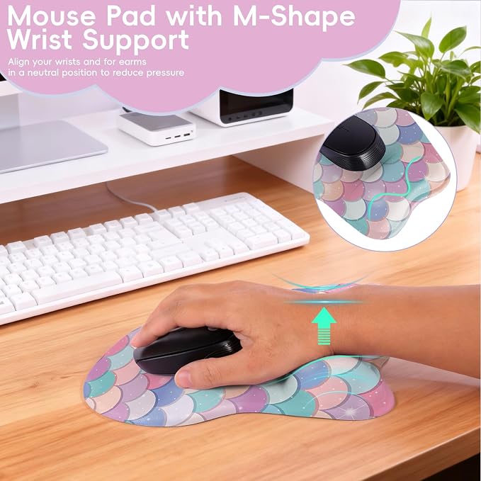 Mouse Pad with Wrist Rest Ergonomic Mouse Pad with Comfortable M-Shape Pain Relief Wrist Support Non-Slip PU Base Mousepad for Laptop, Office & Home (Candy Mermaid)