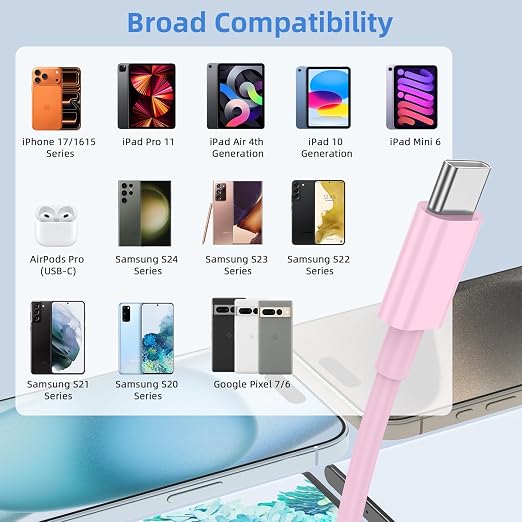 2Pack 3FT USB A to USBC Cable for iPhone 17 16 15 Charger Cord, for Apple 17 16 15/Pro/Pro Max/Plus Type C Cord, for iPad Pro 12.9/11, Air 5th/4th Gen, Car Carplay Charging Cable for Android(Pink)