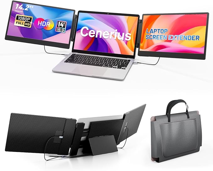 Cenerius 14.2" Laptop Screen Extender, FHD 1080P IPS Portable Monitor for Laptop, Triple Screen Monitor Extender, Compatible with 13"-17" Laptops, HDMI/USB-A/C Plug&Play for Windows, Mac, Android