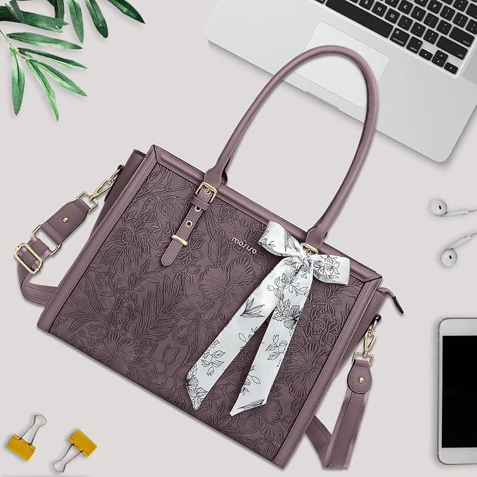 MOSISO Laptop Bag for Women, 15.6-16 inch PU Leather Tote Bag Compatible with MacBook, HP, Dell, Asus Notebook, Front Embossed Retro Hibiscus Computer Bags with Silk Scarf&Clutch Purse, Slate Purple