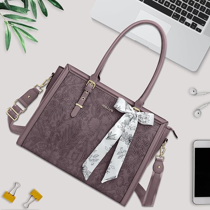 MOSISO Laptop Bag for Women, 17-17.3 inch PU Leather Tote Bag Compatible with MacBook, HP, Dell, Asus Notebook, Front Embossed Retro Hibiscus Computer Bags with Silk Scarf&Clutch Purse, Slate Purple