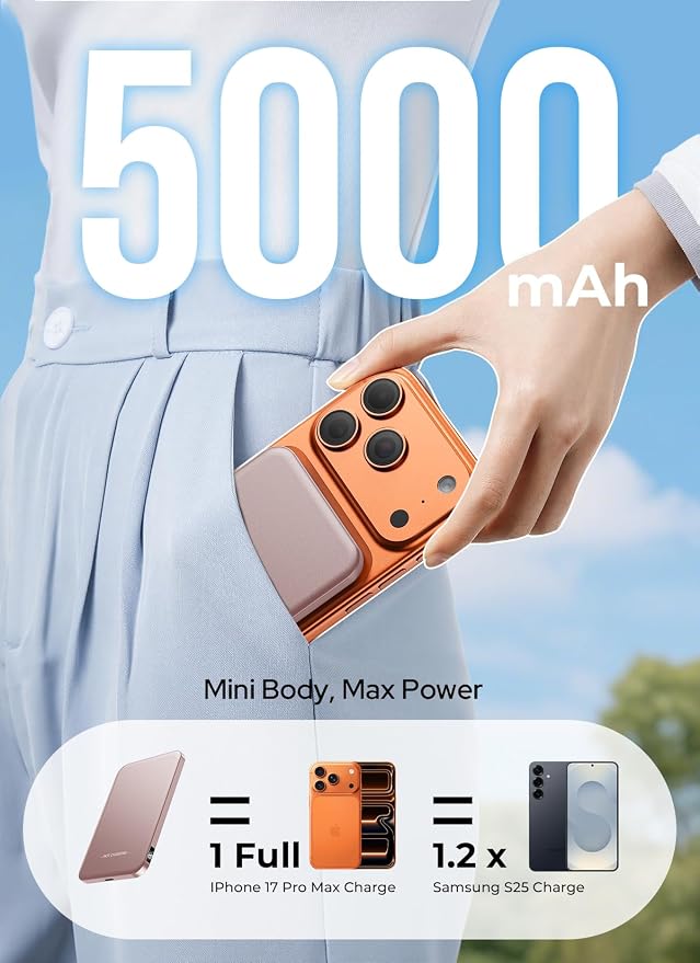 Aobbow Magnetic Portable Charger, 5000mAh Ultra Slim Power Bank with LED Display, 15W Fast Charging Battery Pack, MagSafe-Compatible Charger for iPhone 17/16/15 and AirPods - Rose Gold