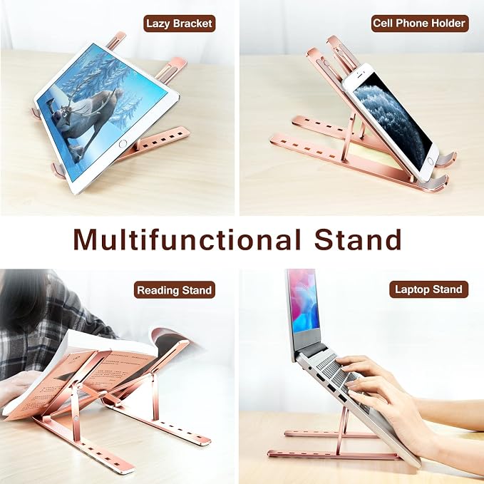 Laptop Stand, iVoler Laptop Holder Riser Computer Tablet Stand, 6 Angles Adjustable Aluminum Ergonomic Foldable Portable Desktop Holder Compatible with MacBook,iPad, HP, Dell10-15.6” Rose Gold